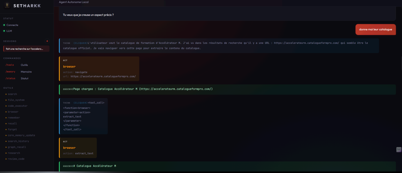 Capture d'écran de l'interface SETHARKK d'orchestration d'un agent IA autonome : panneau de contrôle sombre montrant le cycle think-act-observe, la liste des outils disponibles (CRM, web, bases de données), l'historique des appels de fonctions et la trace des raisonnements de l'agent en temps réel