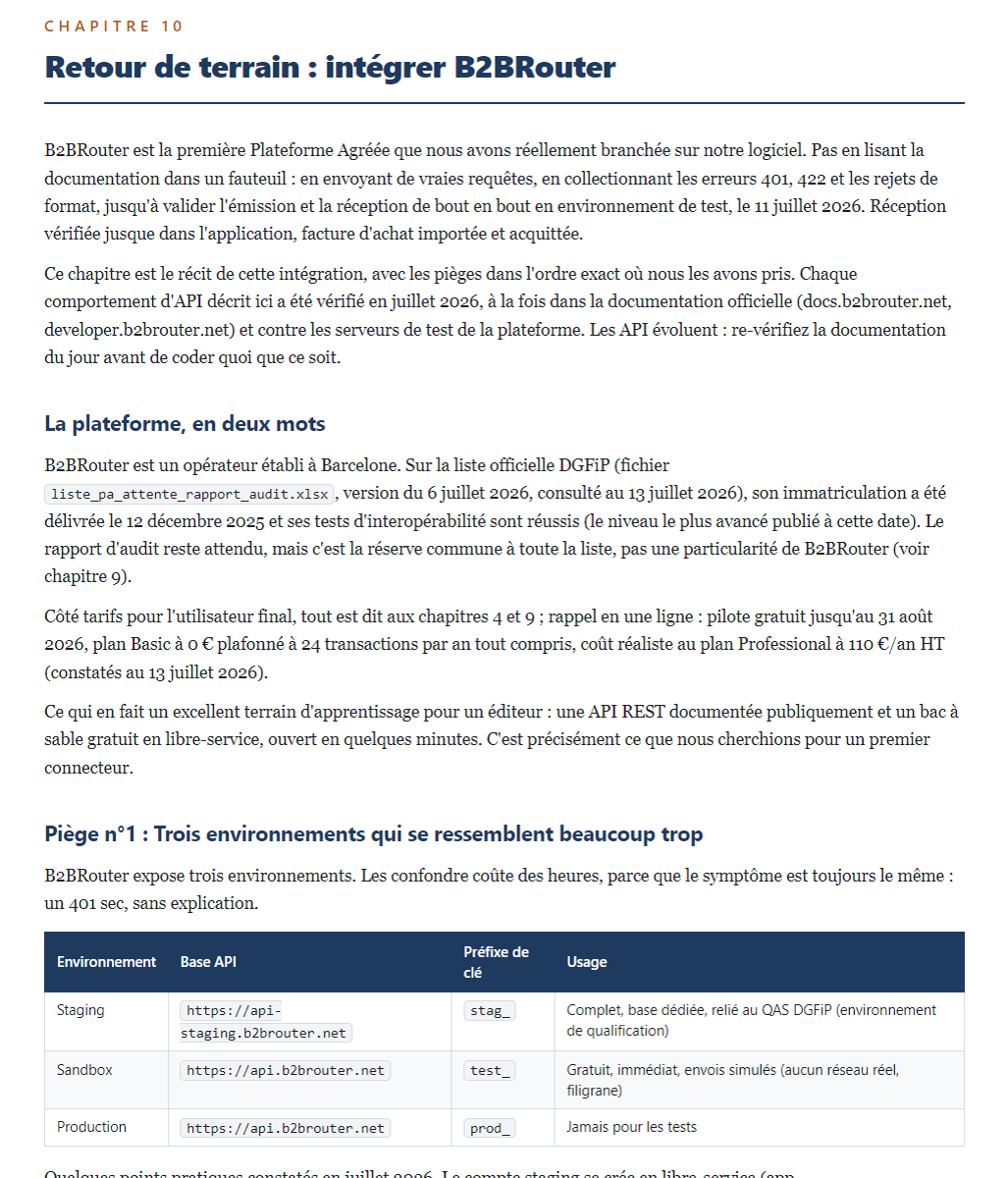 Chapitre 10 : retour de terrain sur l'intégration B2BRouter, avec le tableau des trois environnements